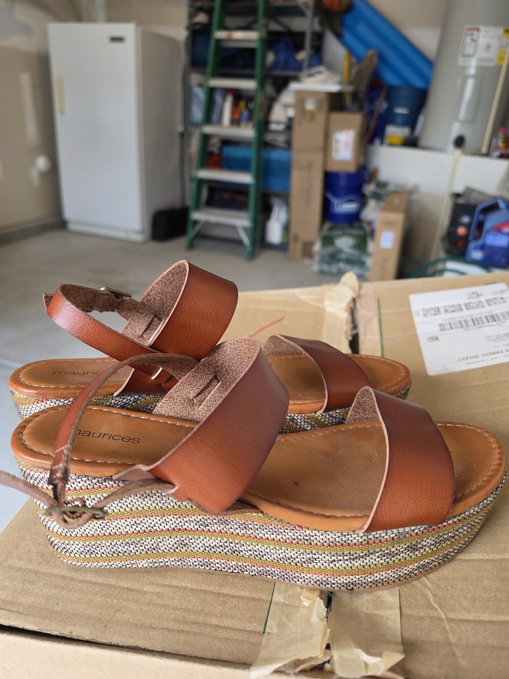 Maurices Brown Leather Platform Sandals with Woven Espadrille Sole